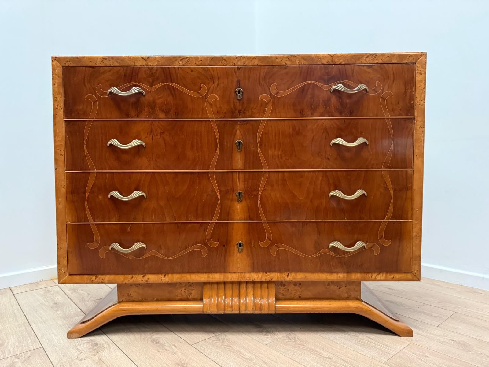 Beautiful Italian Inlaid Art Deco Walnut Route Chest Dresser Delivery Available 0179. photo for sale
