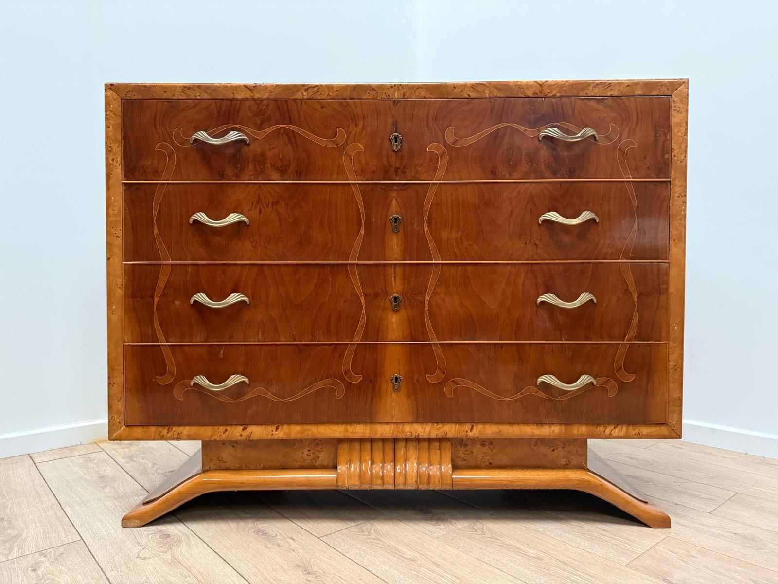 Beautiful Italian Inlaid Art Deco Walnut Route Chest Dresser Delivery Available 0179. photo Furniture