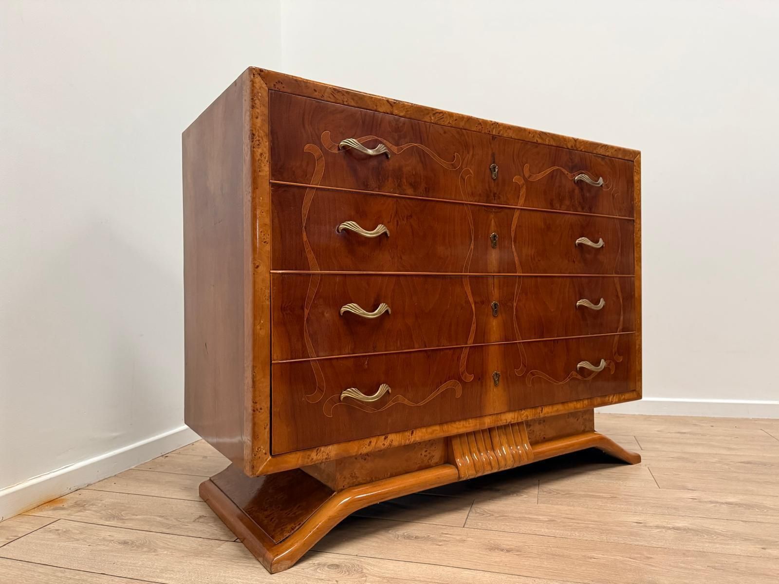 Beautiful Italian Inlaid Art Deco Walnut Route Chest Dresser Delivery Available 0179.