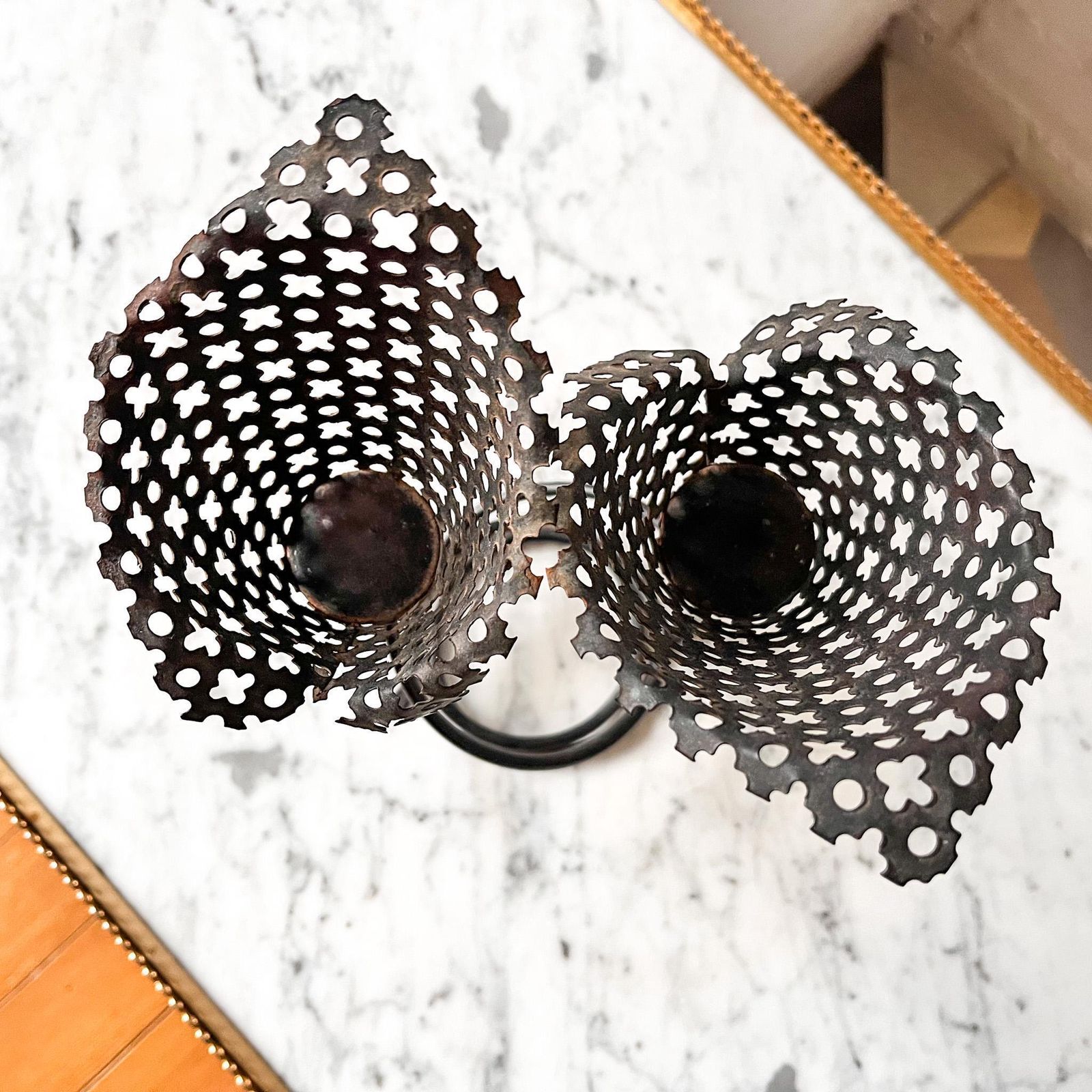 French Mid Century Perforated Metal Candlestick Attributed To Mathieu Matègot photo vintage