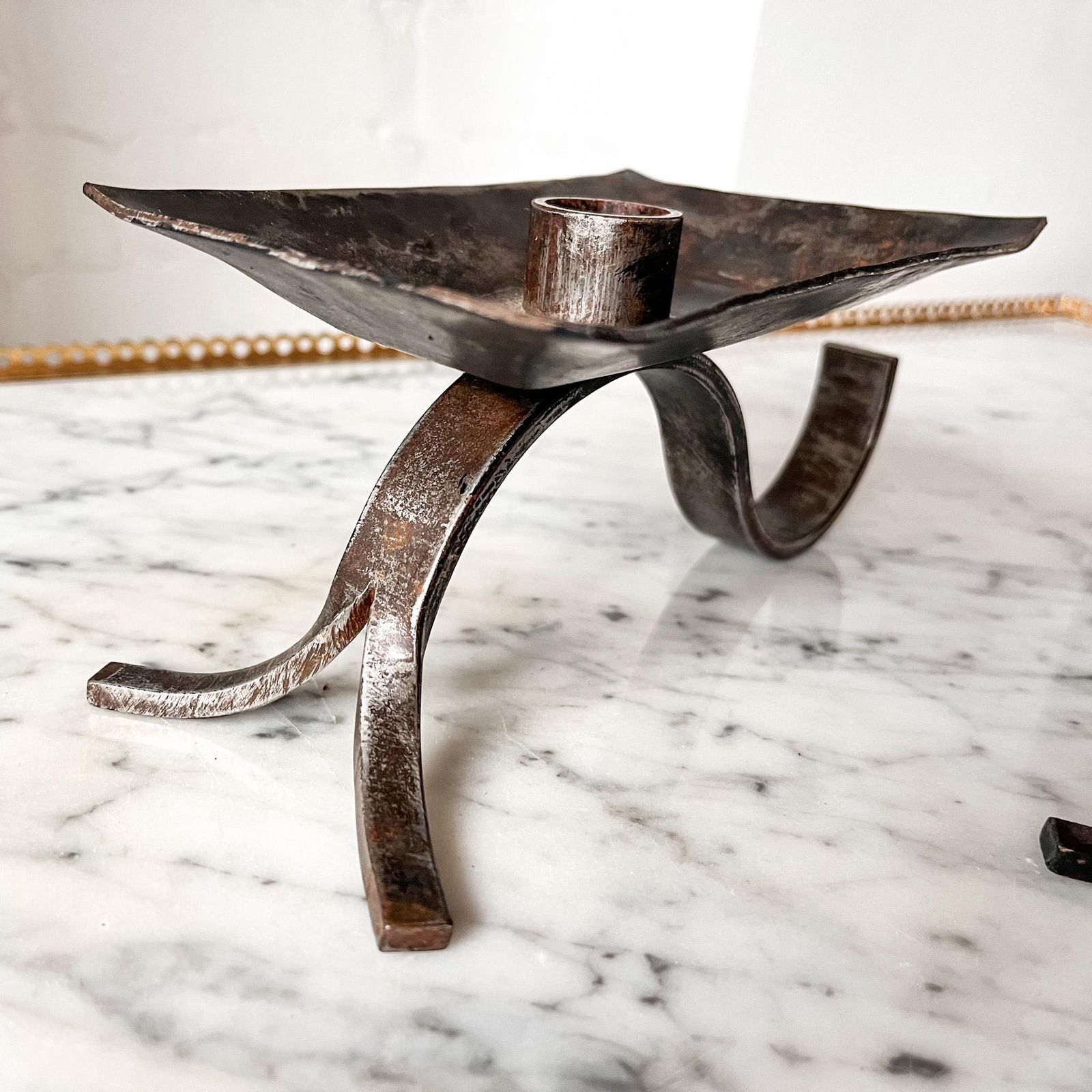 A Pair Of Brutalist Mid Century Wrought Iron Candlesticks photo Home Decor