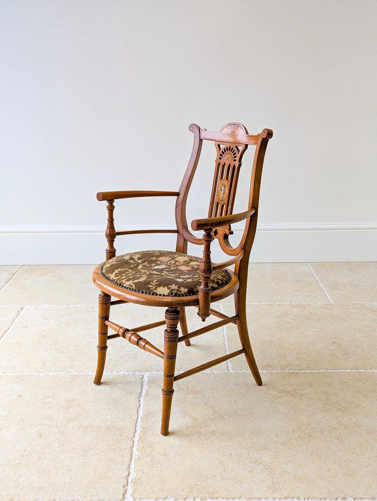 photo for sale Antique Victorian Satinwood Lyre Back Elbow Chair C.1890