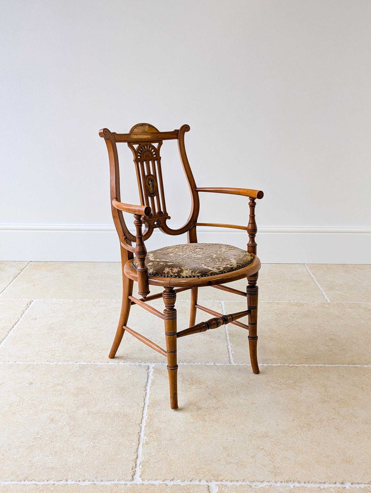 465.0 Antique Victorian Satinwood Lyre Back Elbow Chair C.1890 photo