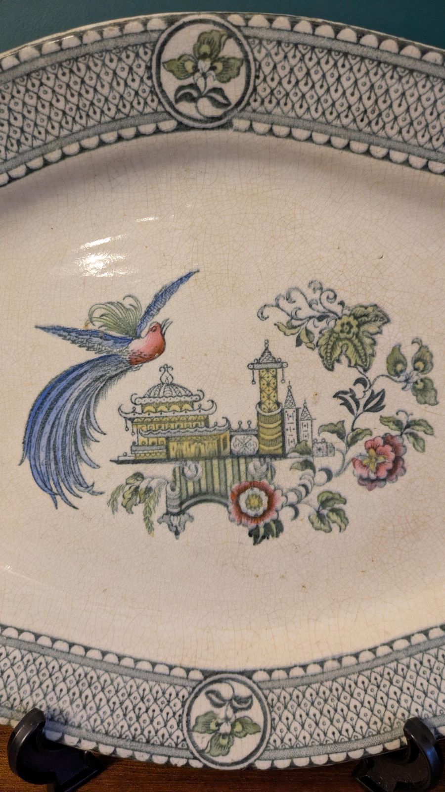 Antique S F & Co B Ltd Minaret Platter 37cm | Lincoln Pottery England | Chinoiserie Bird Design | C.1912–1939 photo furniture
