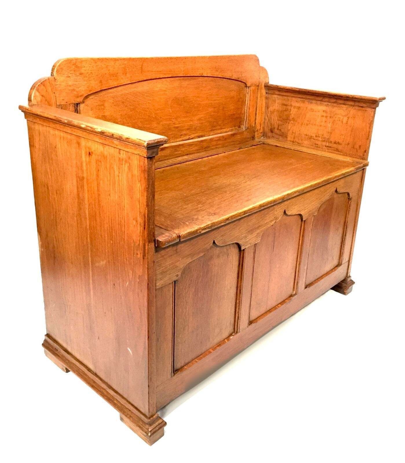 Antique Early 20th Century Oak Wooden Entrance Hall Monks Bench / Storage Seat photo furniture