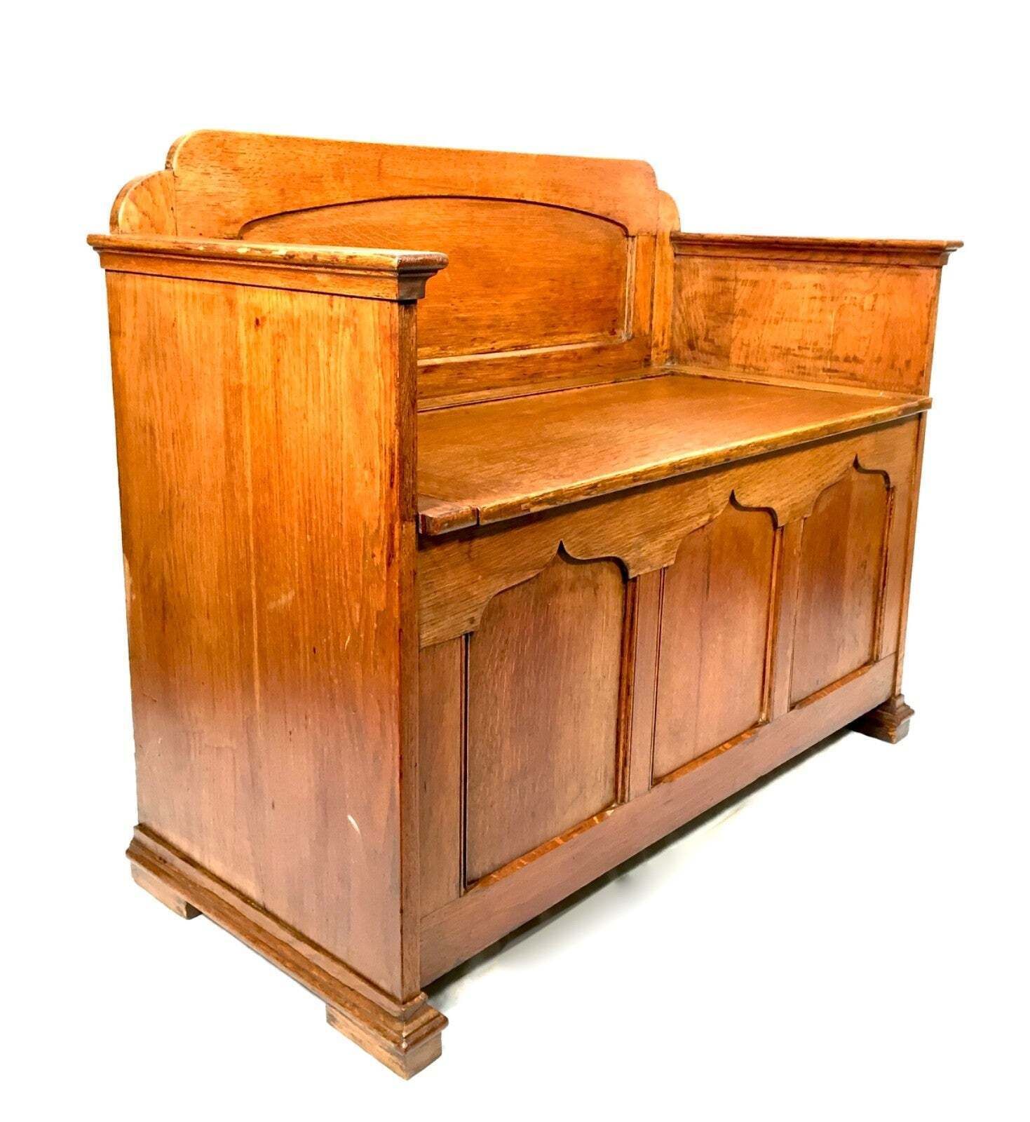 Antique Early 20th Century Oak Wooden Entrance Hall Monks Bench / Storage Seat photo 349.0