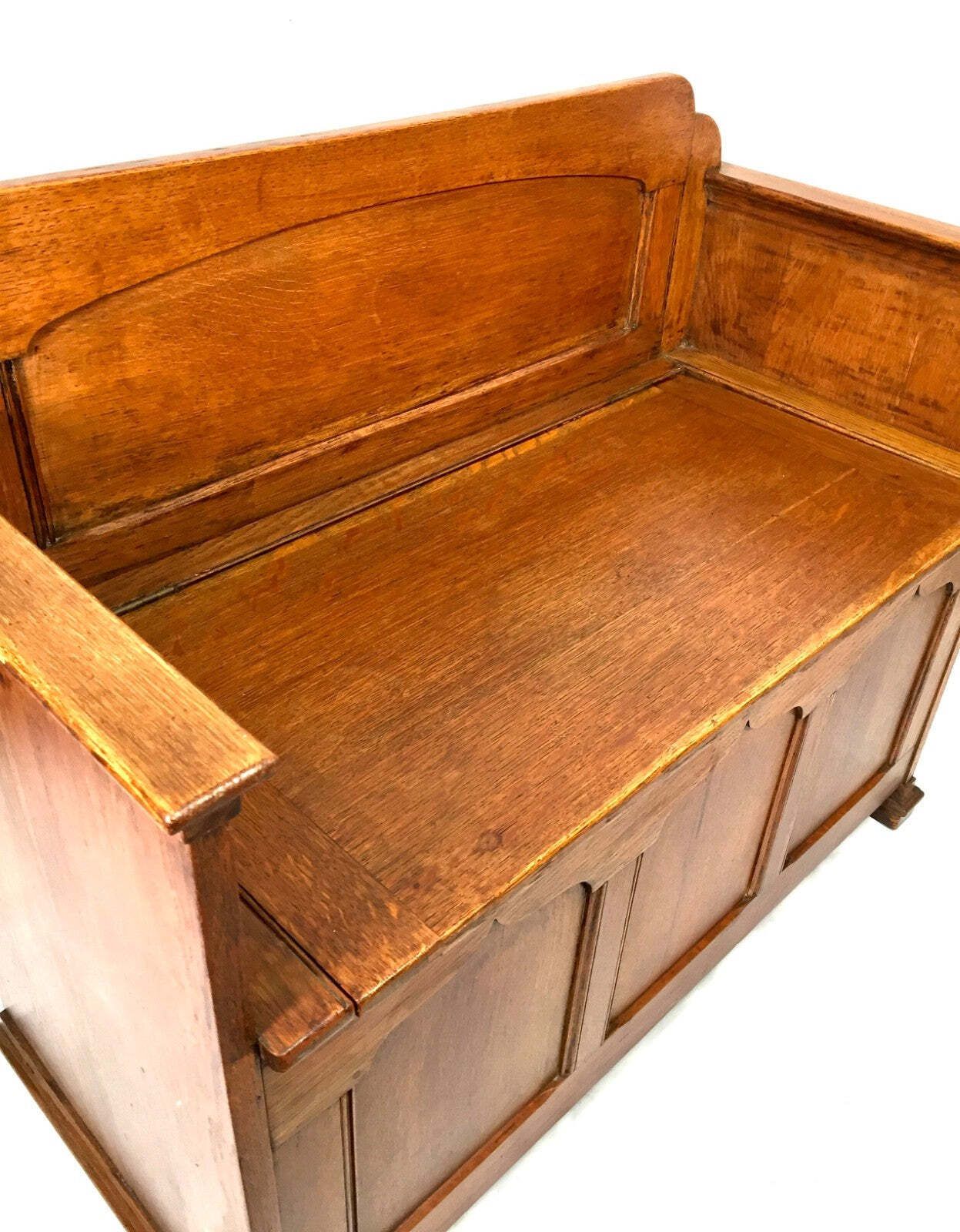 Antique Early 20th Century Oak Wooden Entrance Hall Monks Bench / Storage Seat photo vinterior