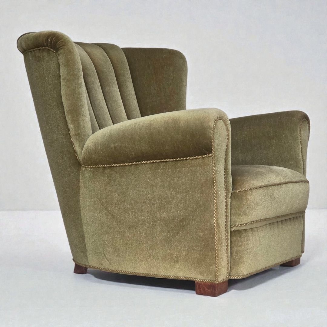 1960s, Danish Relax Armchair, Original Green Furniture Velour, Beech Wood.
