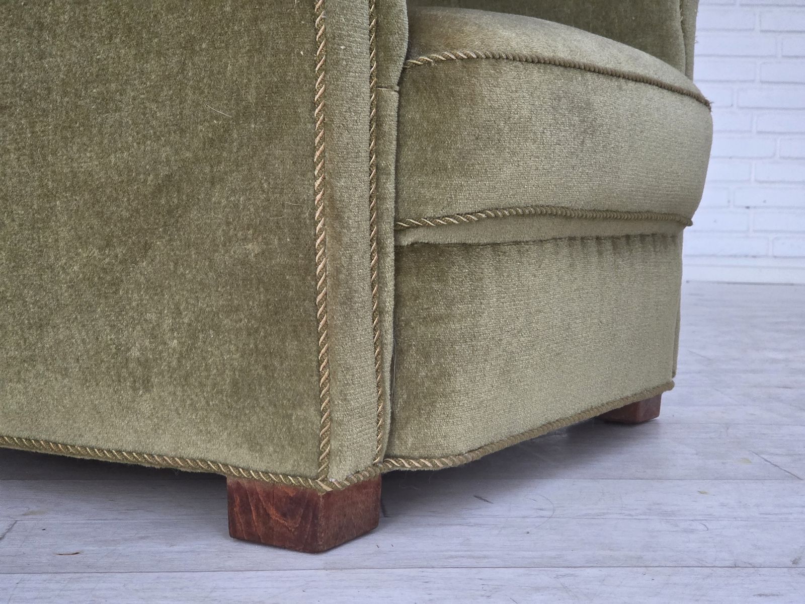 1960s, Danish Relax Armchair, Original Green Furniture Velour, Beech Wood. photo for sale