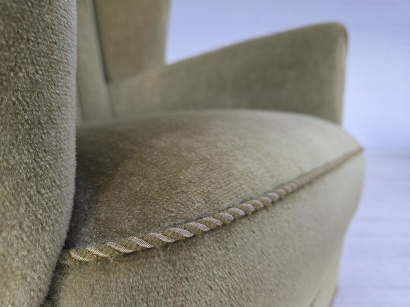 1960s, Danish Relax Armchair, Original Green Furniture Velour, Beech Wood. photo vinterior