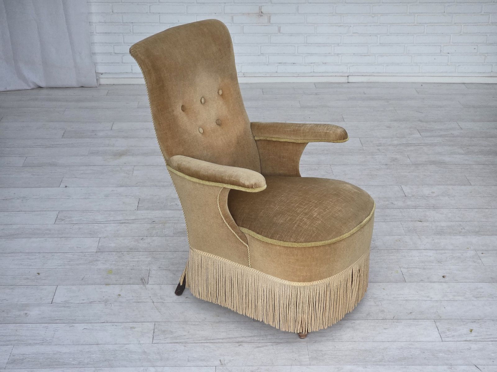 1950s, Danish Armchair, Furniture Velour, Ash Wood Legs. photo furniture