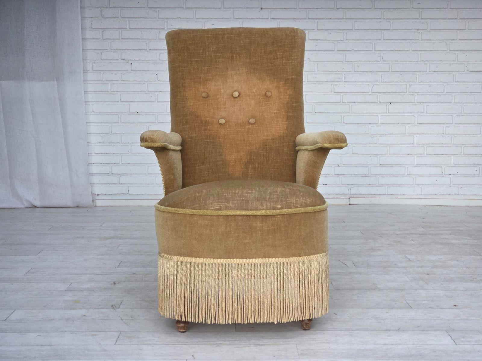 Furniture 1950s, Danish Armchair, Furniture Velour, Ash Wood Legs. photo