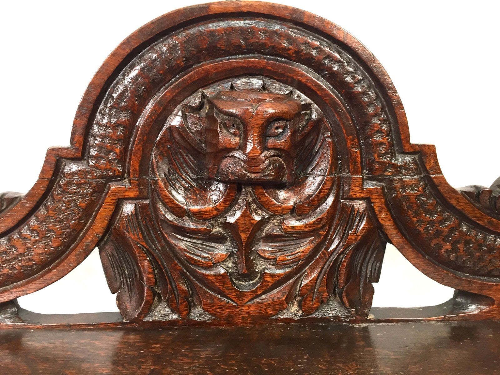 Antique Oak Carved 19th Century Green Man Window Seat / Bench / Gothic Revival photo vinterior