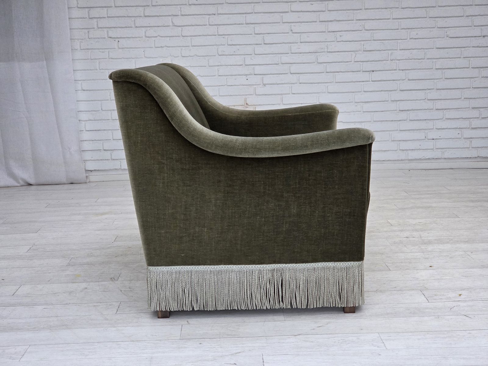 photo furniture 1970s, Danish 2 Seater Sofa, Green Furniture Velour, Beech Wood.