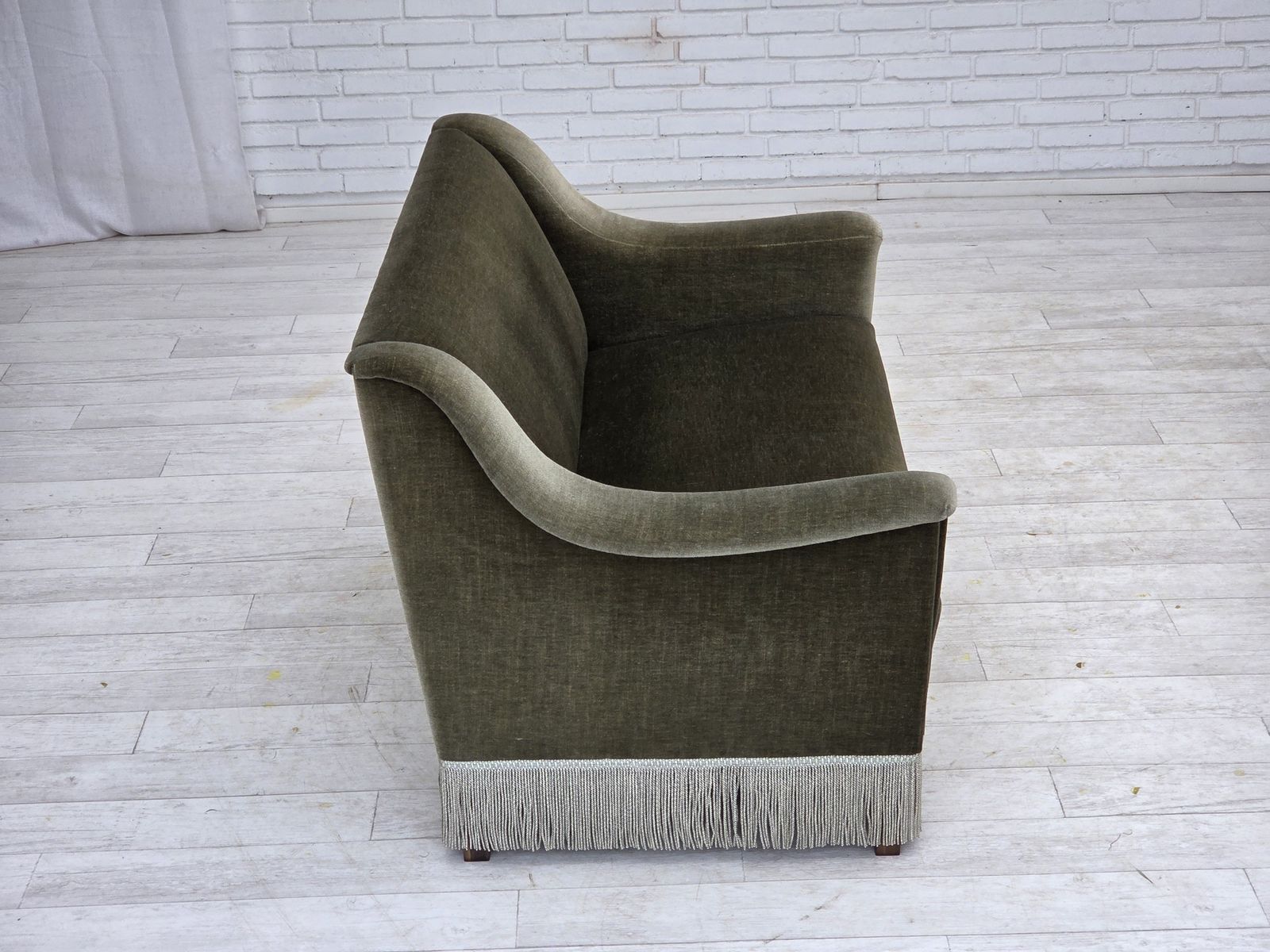 photo for sale 1970s, Danish 2 Seater Sofa, Green Furniture Velour, Beech Wood.