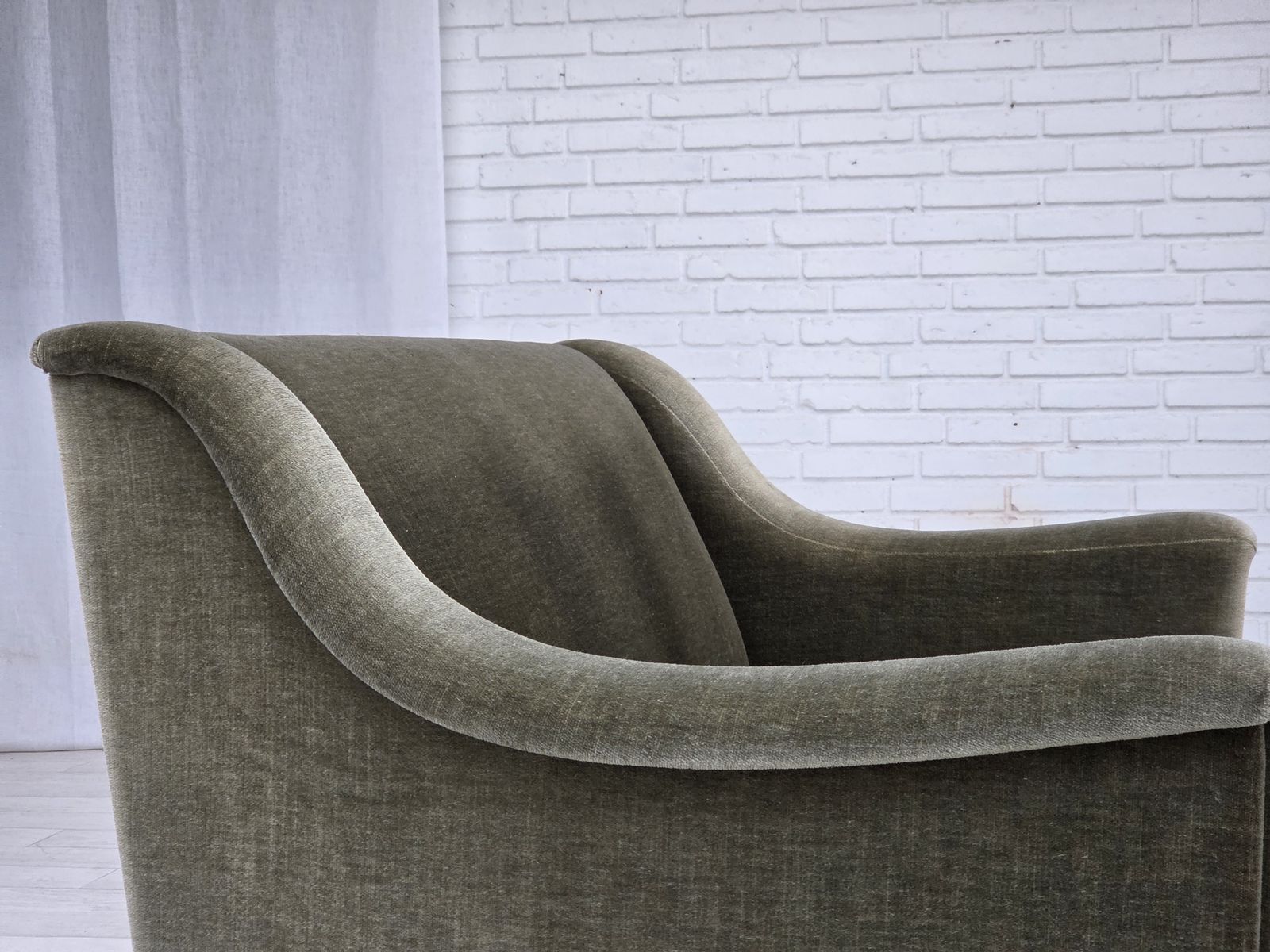 Furniture 1970s, Danish 2 Seater Sofa, Green Furniture Velour, Beech Wood. photo