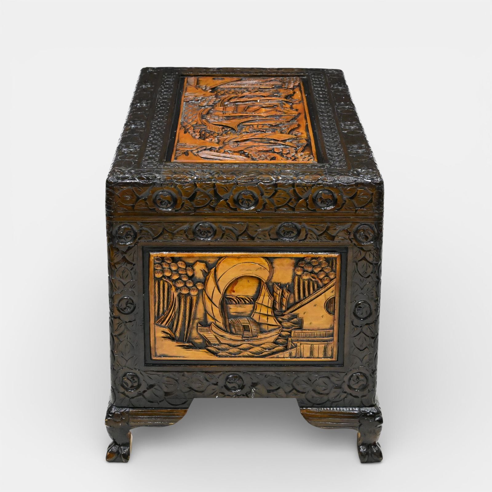 Chinese Carved Chest Camphor Wood Fine Carvings H60cm X W104cm X D56cm photo for sale