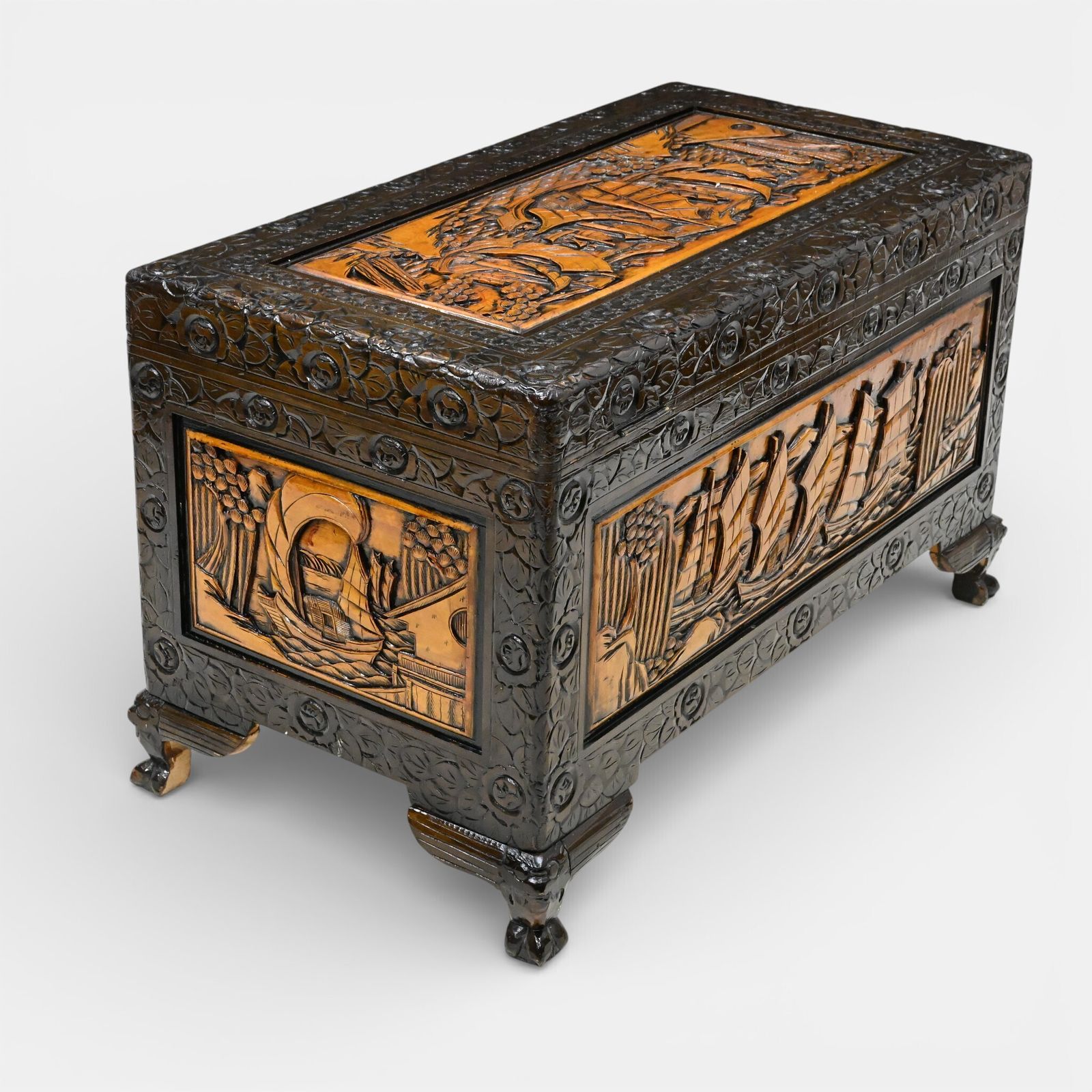 Chinese Carved Chest Camphor Wood Fine Carvings H60cm X W104cm X D56cm photo Furniture