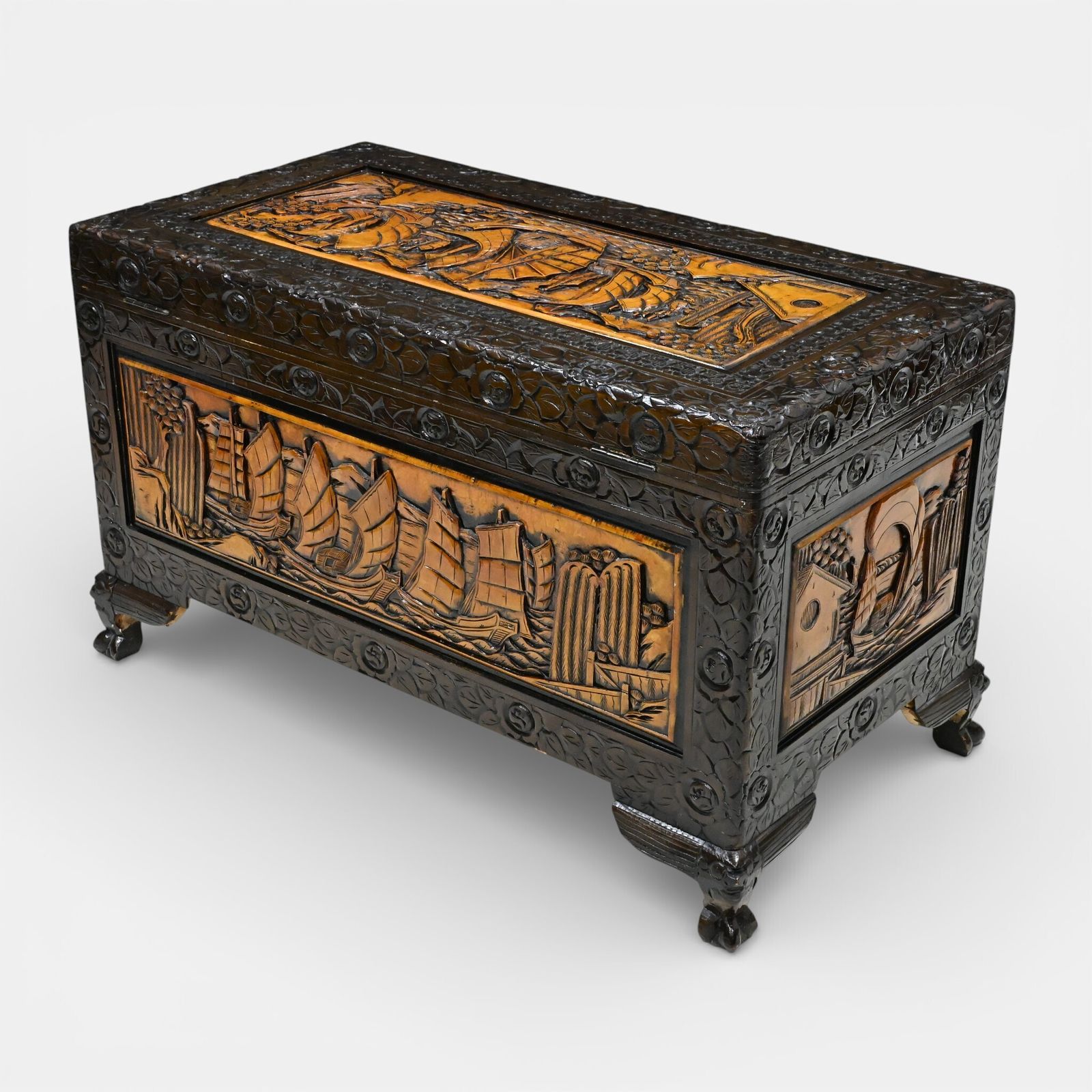 Chinese Carved Chest Camphor Wood Fine Carvings H60cm X W104cm X D56cm photo vinterior