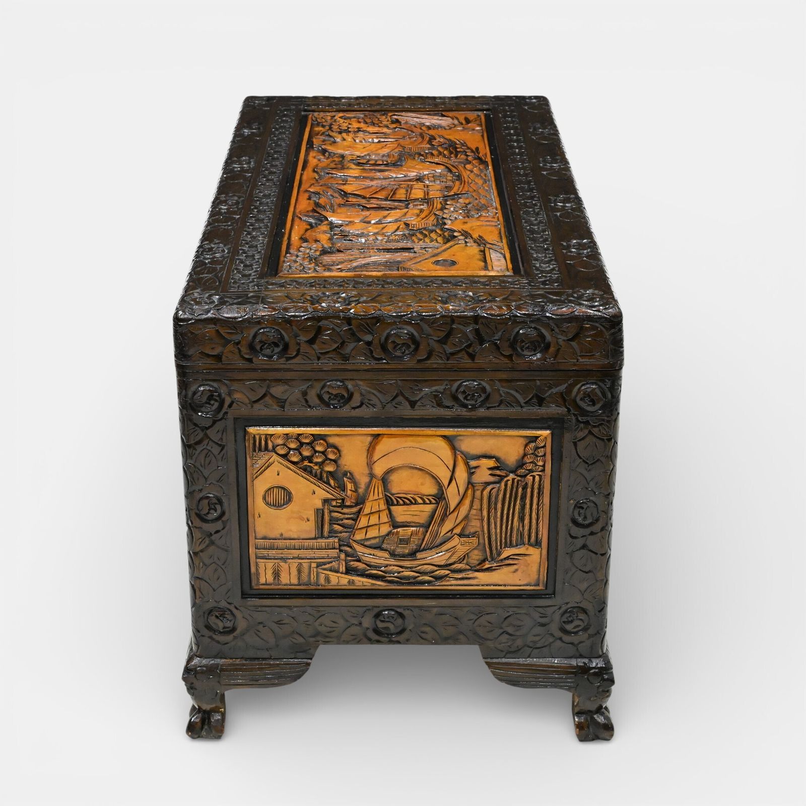 Chinese Carved Chest Camphor Wood Fine Carvings H60cm X W104cm X D56cm photo buy