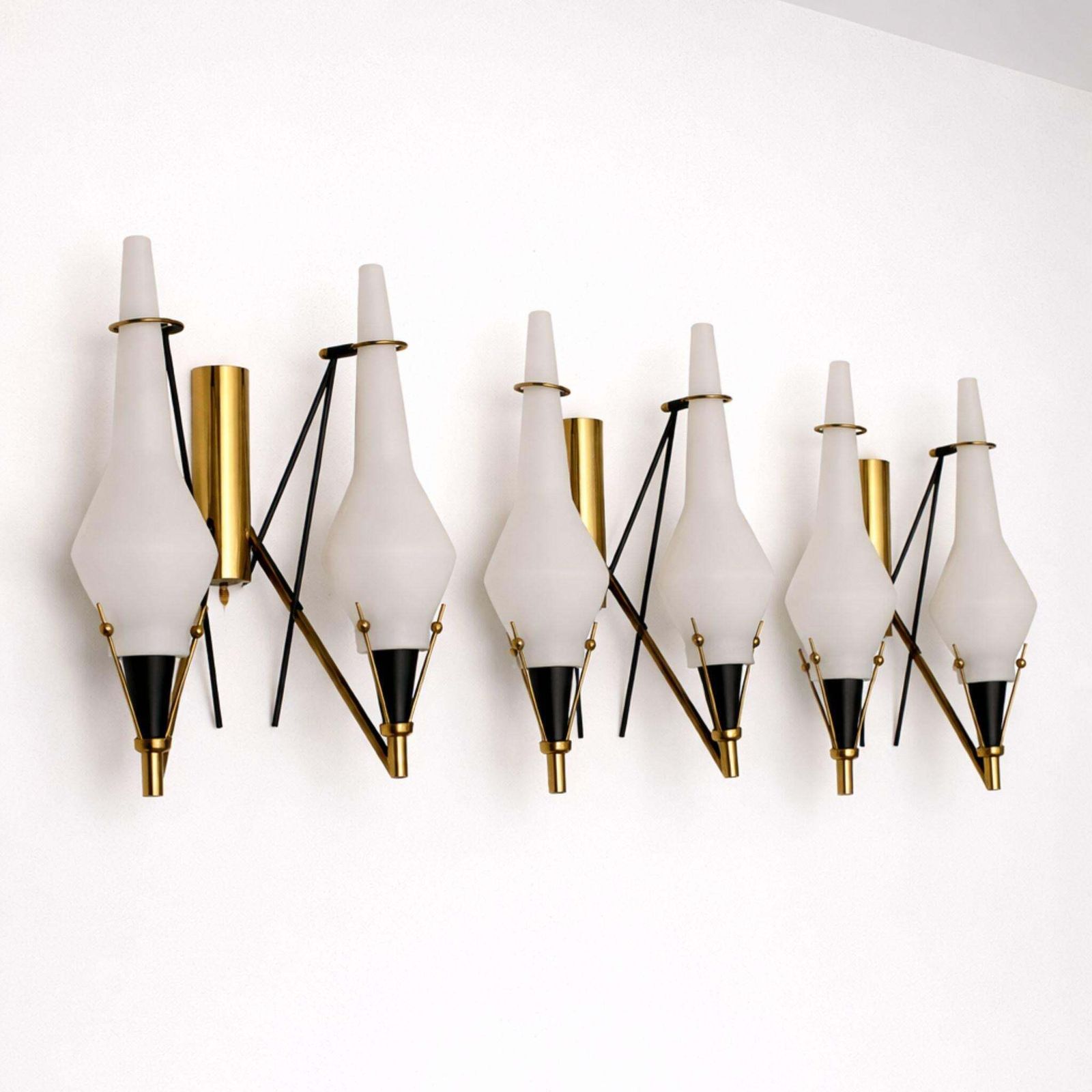 Set Of Three Brass And Opaline Glass Wall Sconces In The Style Of Stilnovo, 1960 photo furniture