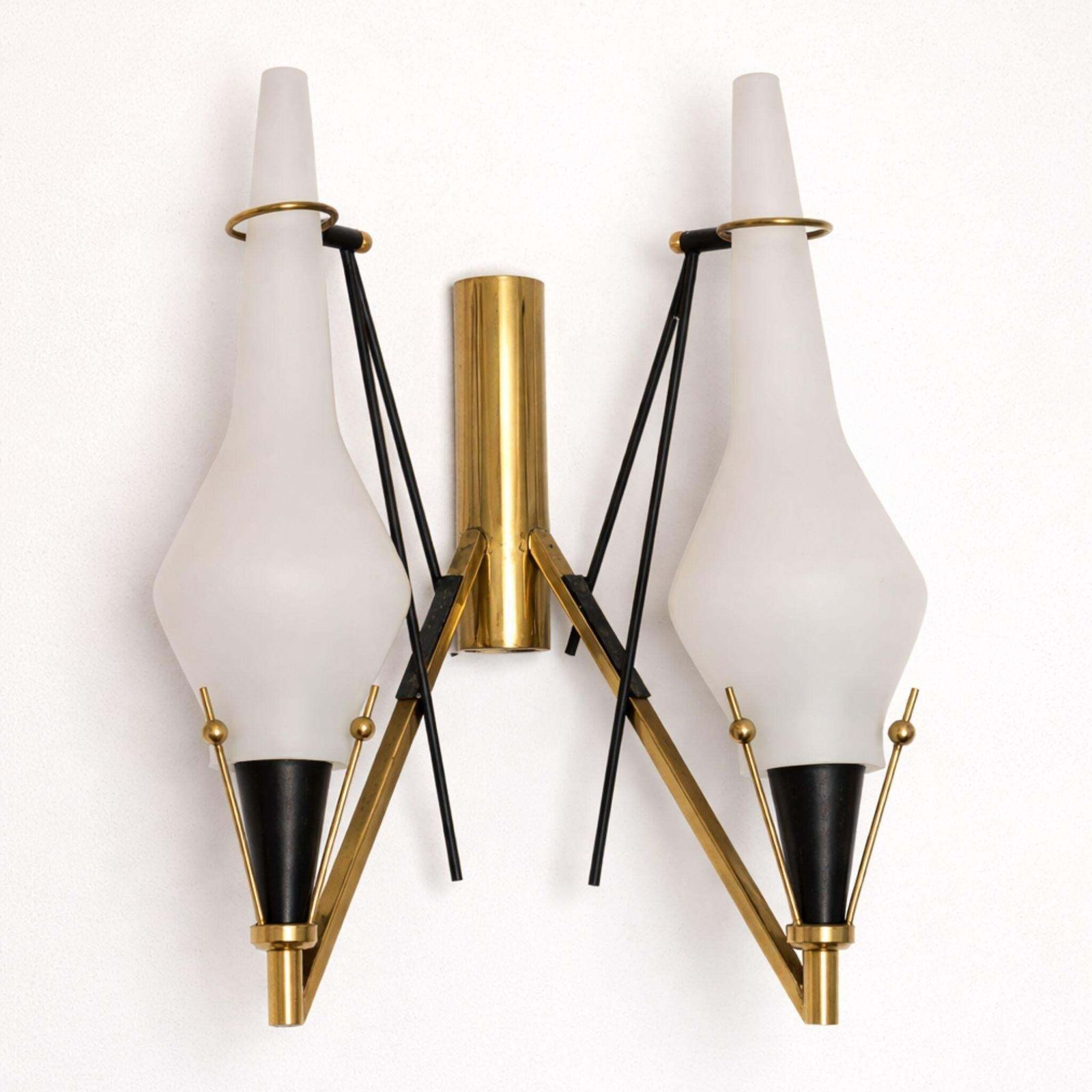 Set Of Three Brass And Opaline Glass Wall Sconces In The Style Of Stilnovo, 1960 photo Lighting