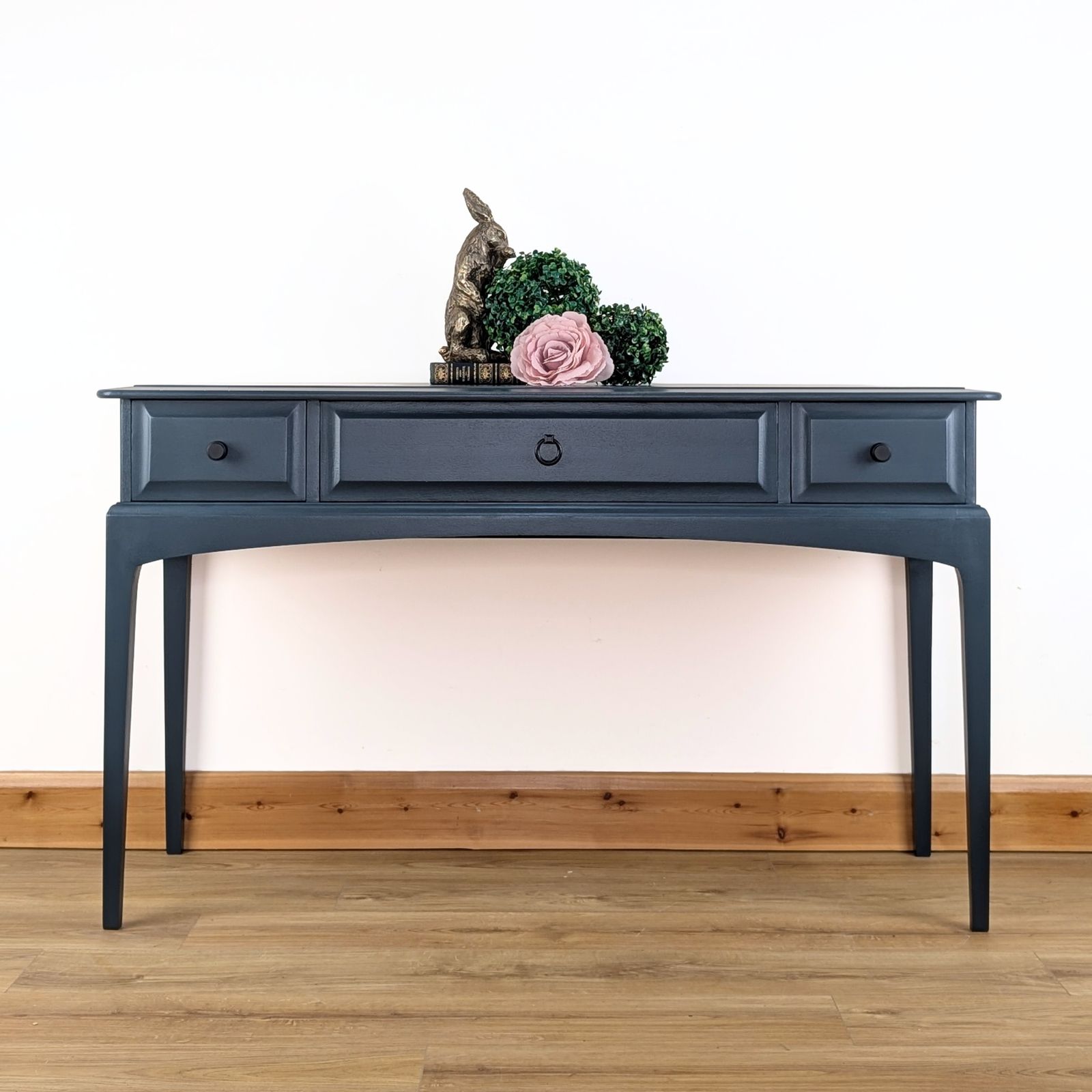 Vintage Stag Minstrel Console, Painted Dark Neutral Blue. Three Drawers With Modern Black Handles