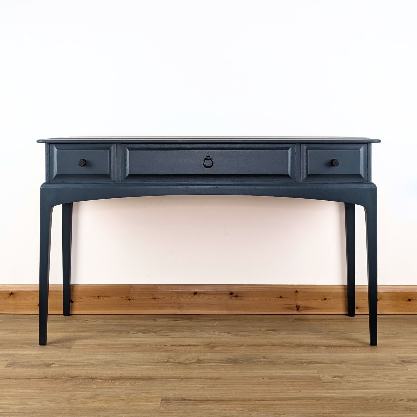 Vintage Stag Minstrel Console, Painted Dark Neutral Blue. Three Drawers With Modern Black Handles photo 395.0