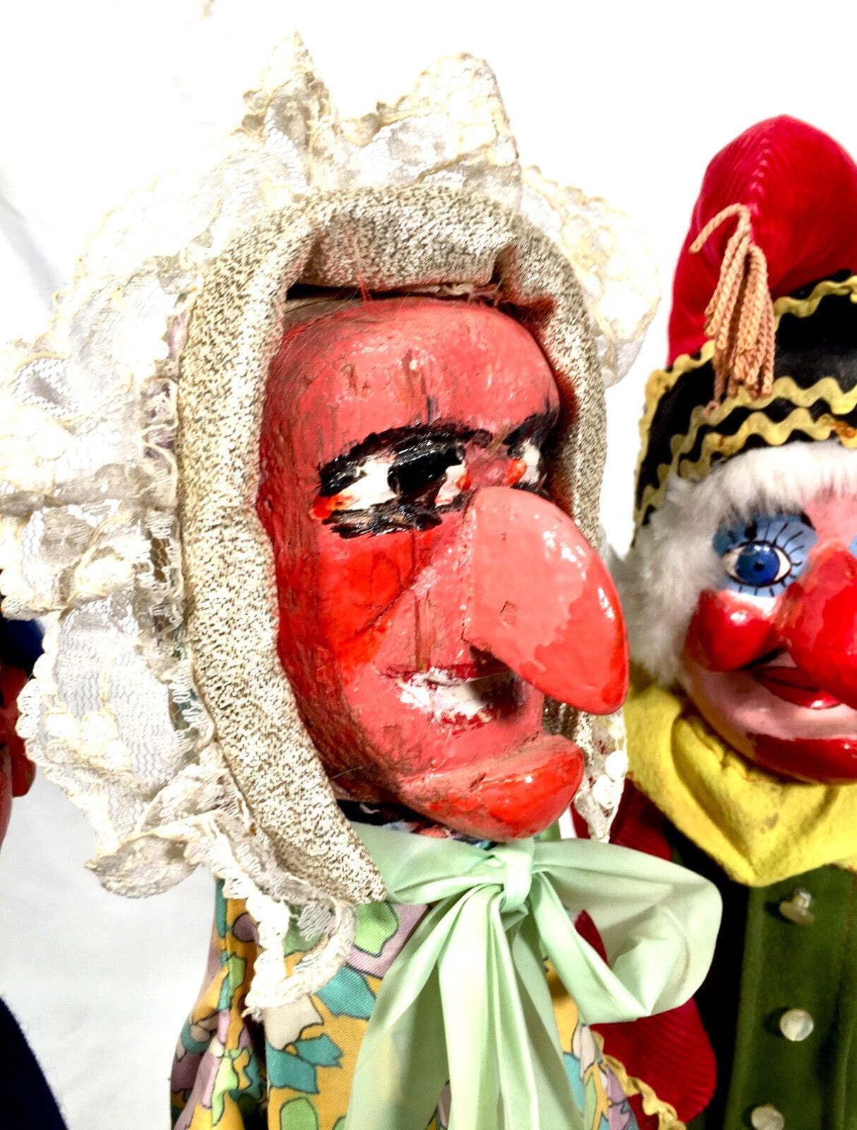 Antique Set Of Punch & Judy Character Hand Puppets By Wal Kent On Display Stand photo furniture