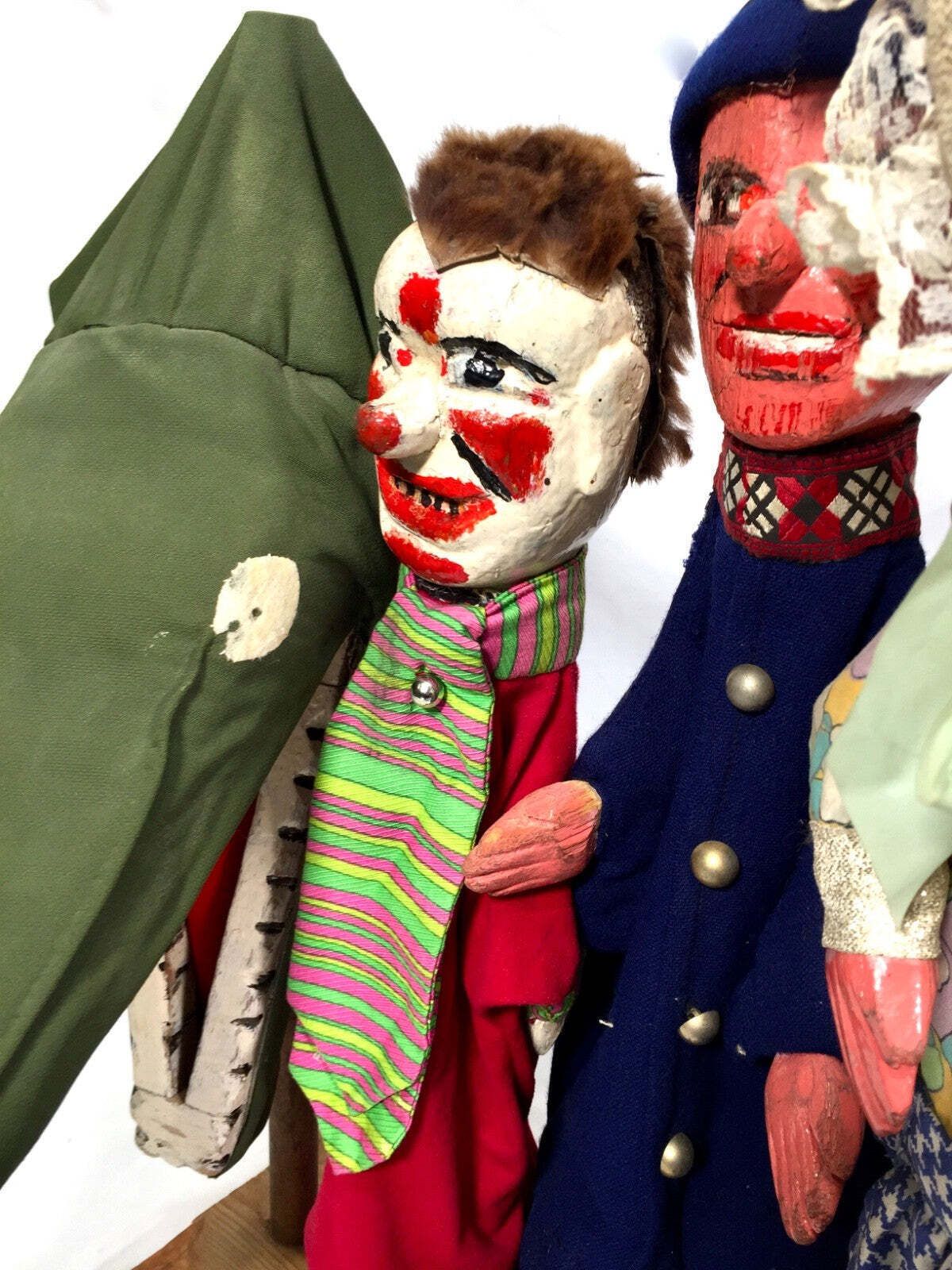 Antique Set Of Punch & Judy Character Hand Puppets By Wal Kent On Display Stand photo buy