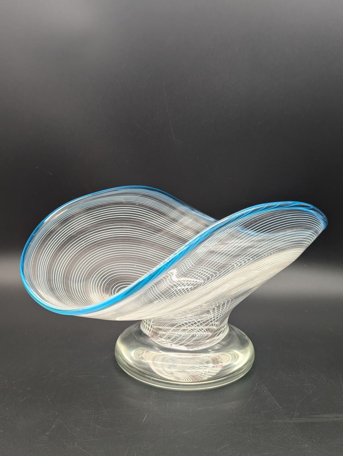 Murano Aventurine Glass Pedestal Bowl With Turquoise Rim, Italy C.1950s–60s photo vinterior
