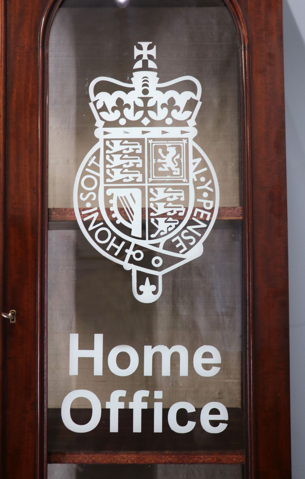 795.0 A Beautiful Quality Victorian Mahogany Cabinet, Later Sign Written With The Home Office Logo. photo
