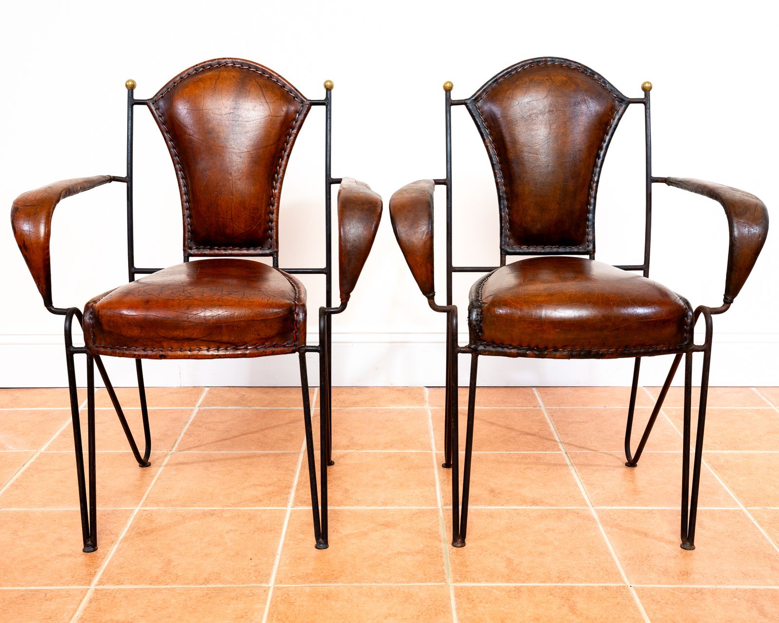 Single Armchair Iron Leather Artisan Jacques Adnet Chairs Brass 1950s Mcm French M.Odernist Bauhaus Modernism Stitched Leather Sculptural Machinisme photo for sale