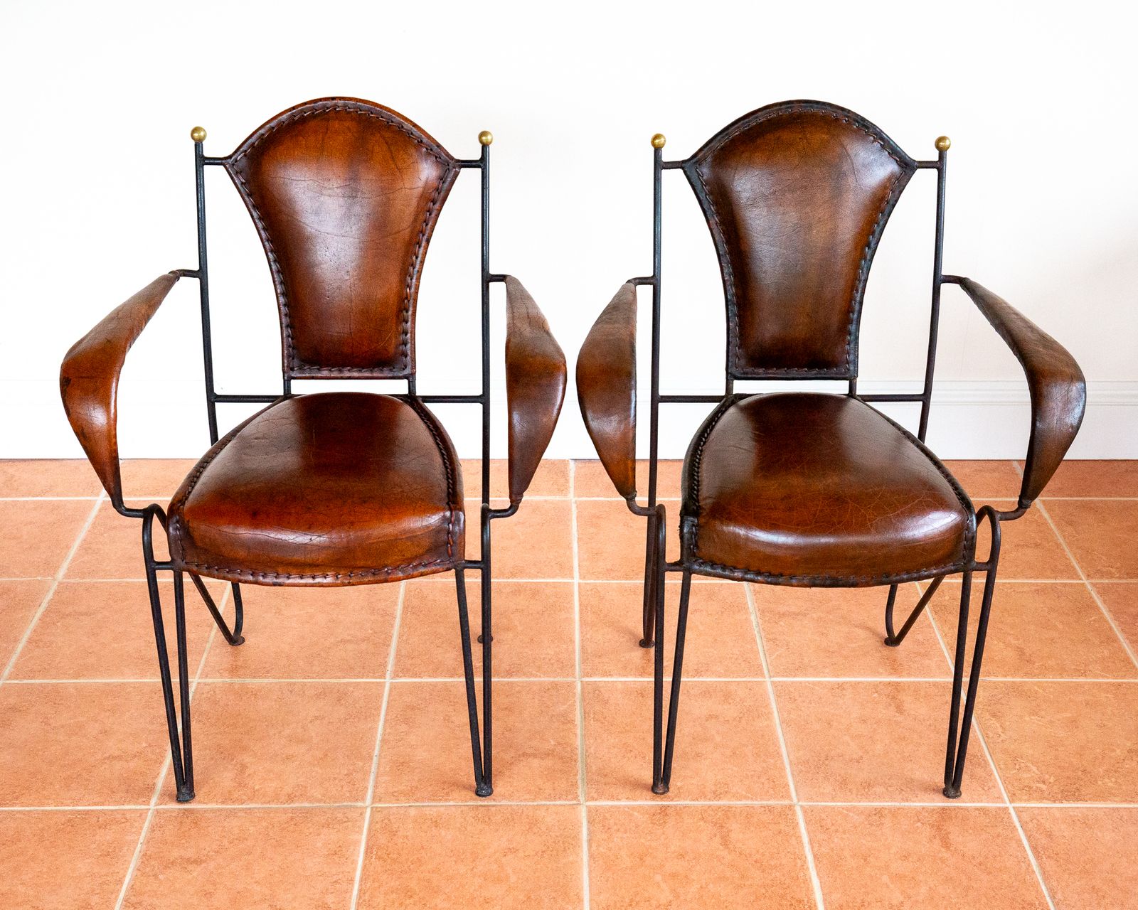 1250.0 Single Armchair Iron Leather Artisan Jacques Adnet Chairs Brass 1950s Mcm French M.Odernist Bauhaus Modernism Stitched Leather Sculptural Machinisme photo