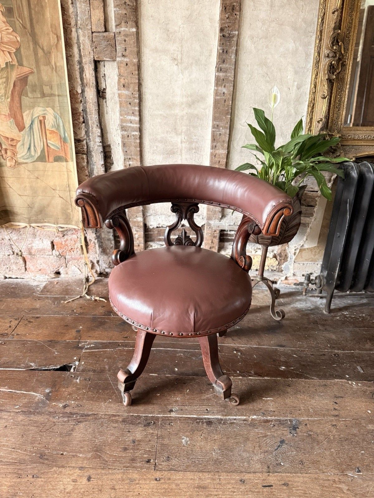 Antique Mahogany Brown Leather Victorian Office Desk Horseshoe Chair 1880c photo furniture