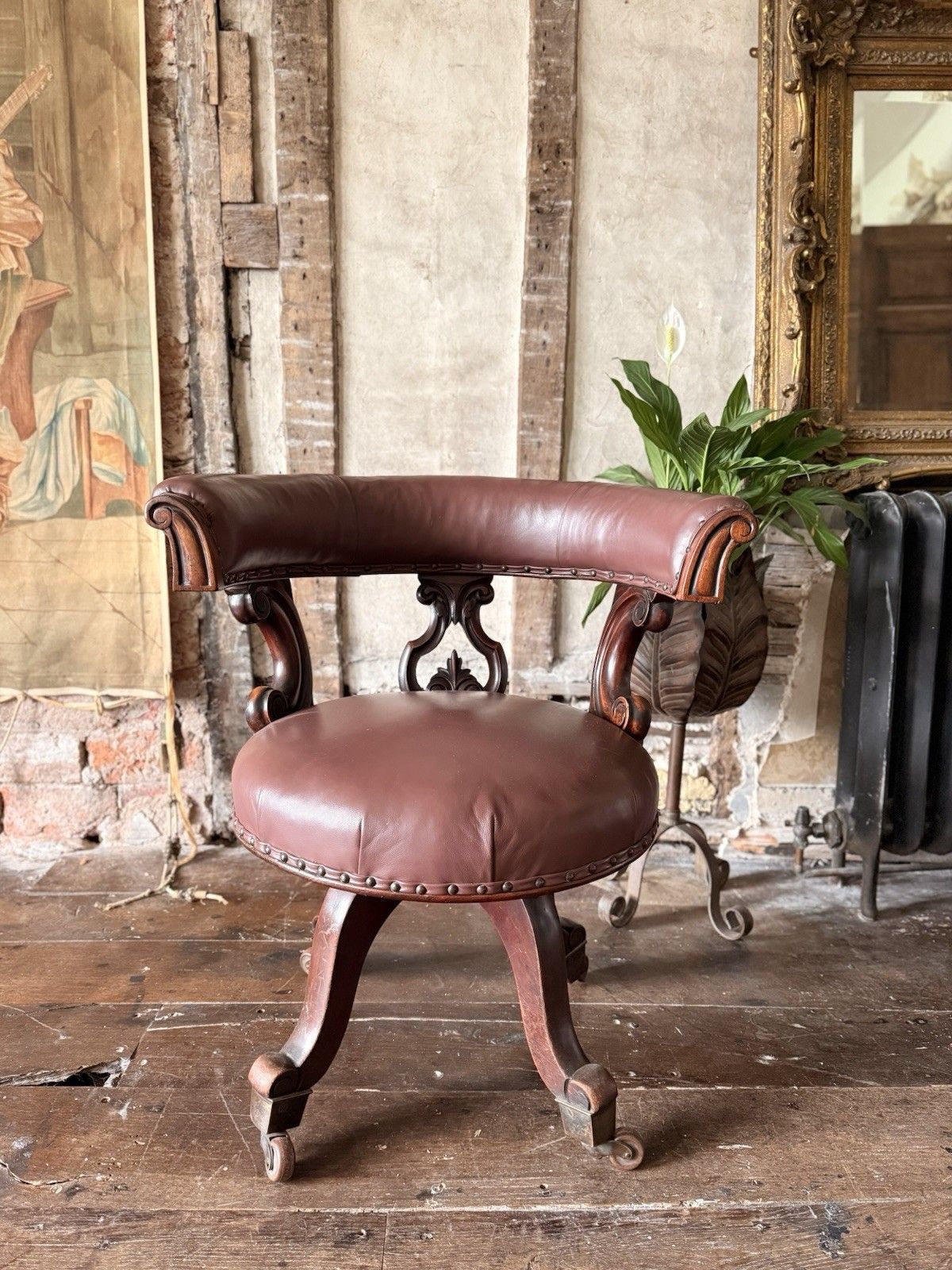 Antique Mahogany Brown Leather Victorian Office Desk Horseshoe Chair 1880c photo Furniture