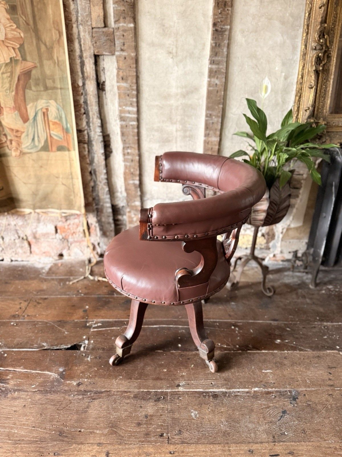 Antique Mahogany Brown Leather Victorian Office Desk Horseshoe Chair 1880c photo buy