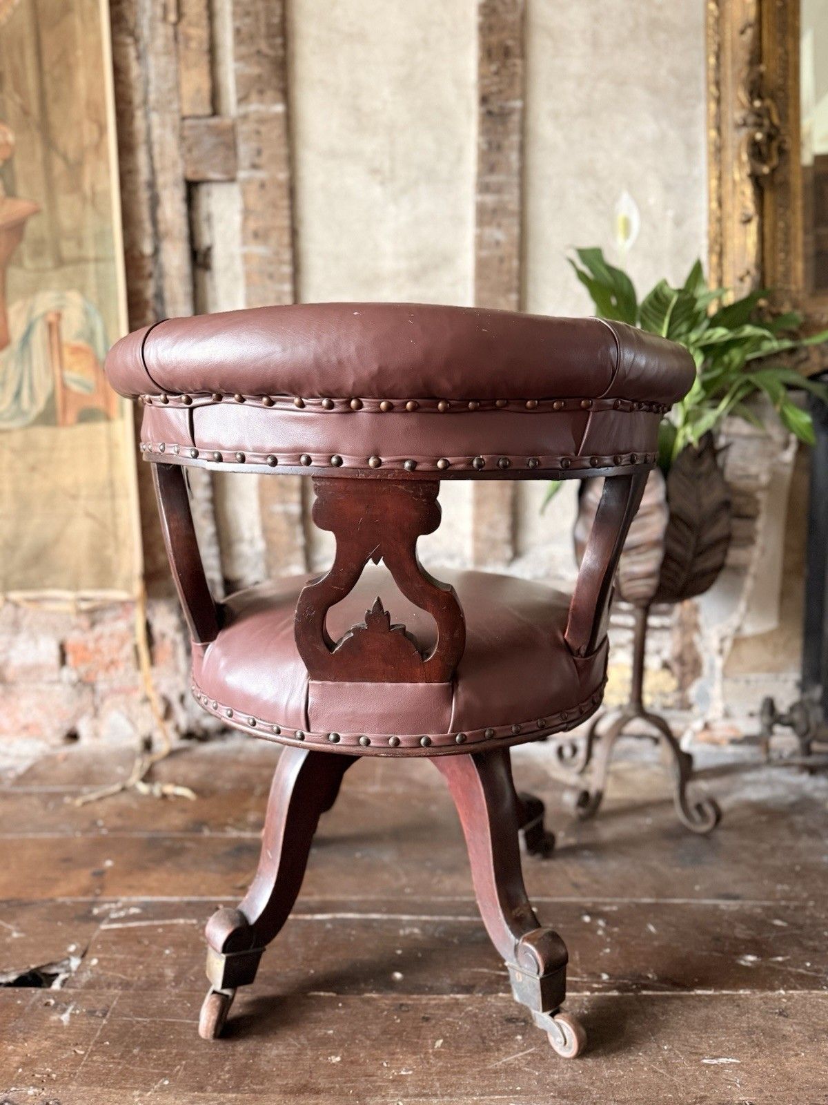 Furniture Antique Mahogany Brown Leather Victorian Office Desk Horseshoe Chair 1880c photo