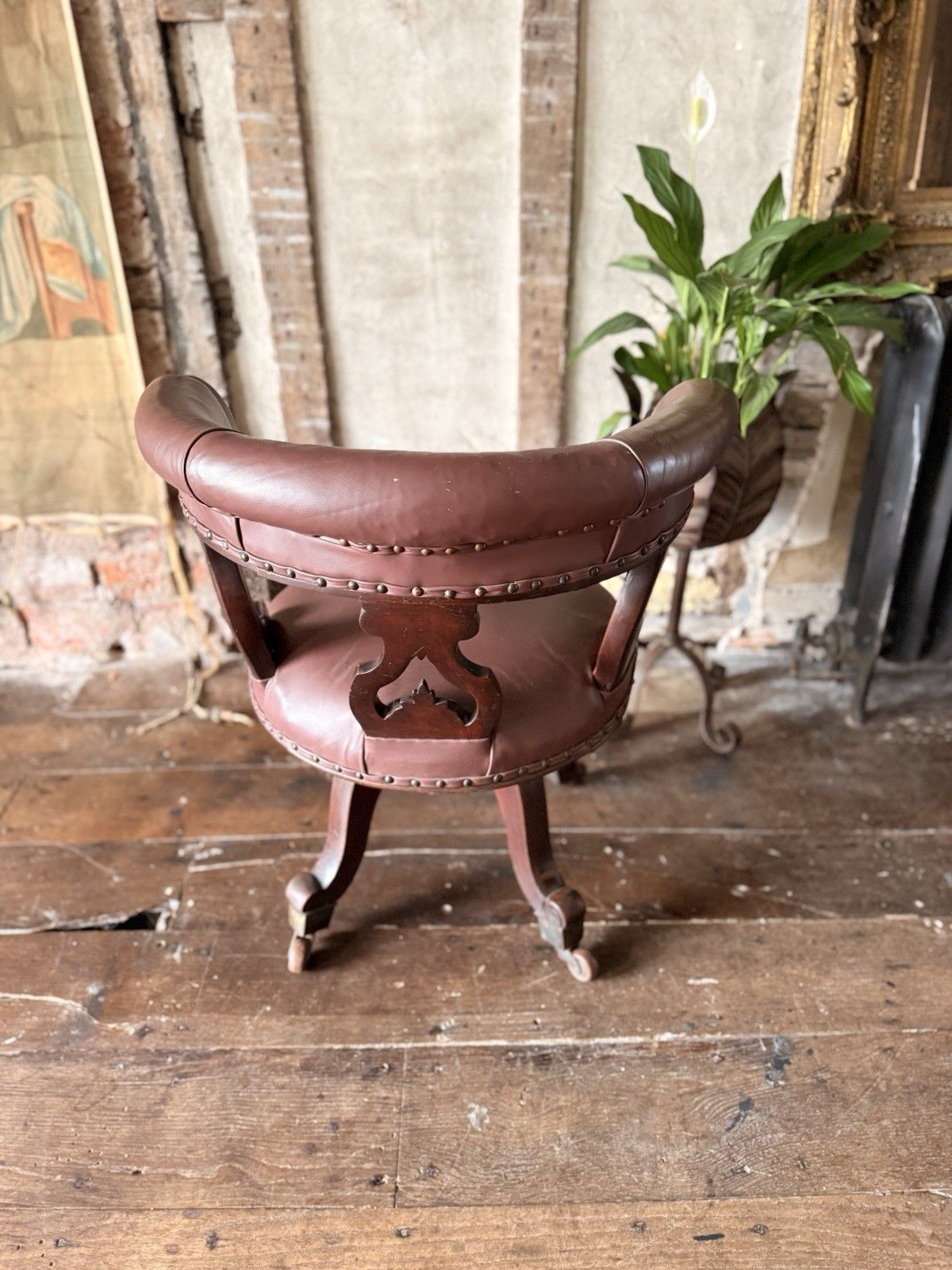 699.0 Antique Mahogany Brown Leather Victorian Office Desk Horseshoe Chair 1880c photo
