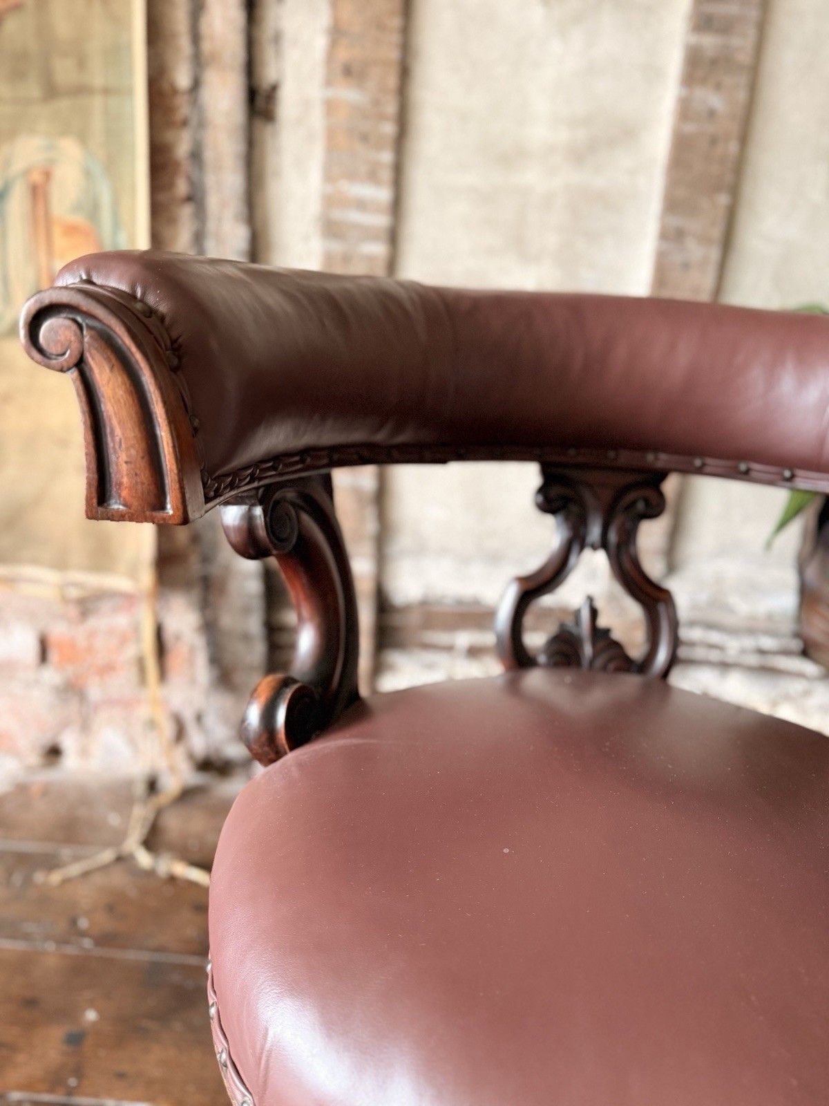 photo buy Antique Mahogany Brown Leather Victorian Office Desk Horseshoe Chair 1880c