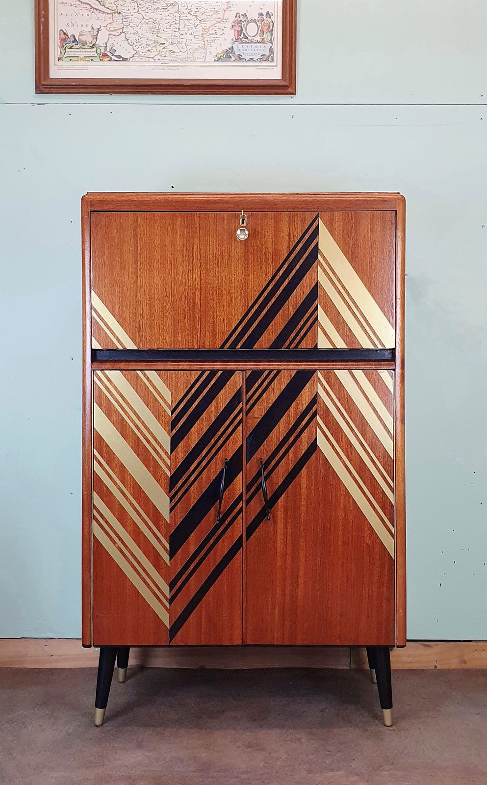 Mid Century Modern Drinks Cabinet With Black & Gold Geometric Design