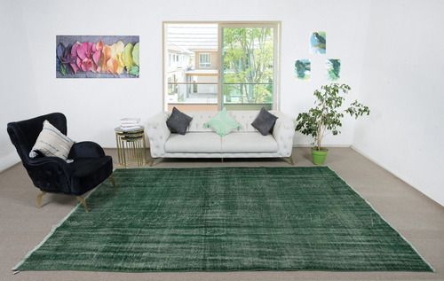 7.6x11.5 Ft Contemporary Handmade Turkish Area Rug In Solid Dark Green Color photo furniture