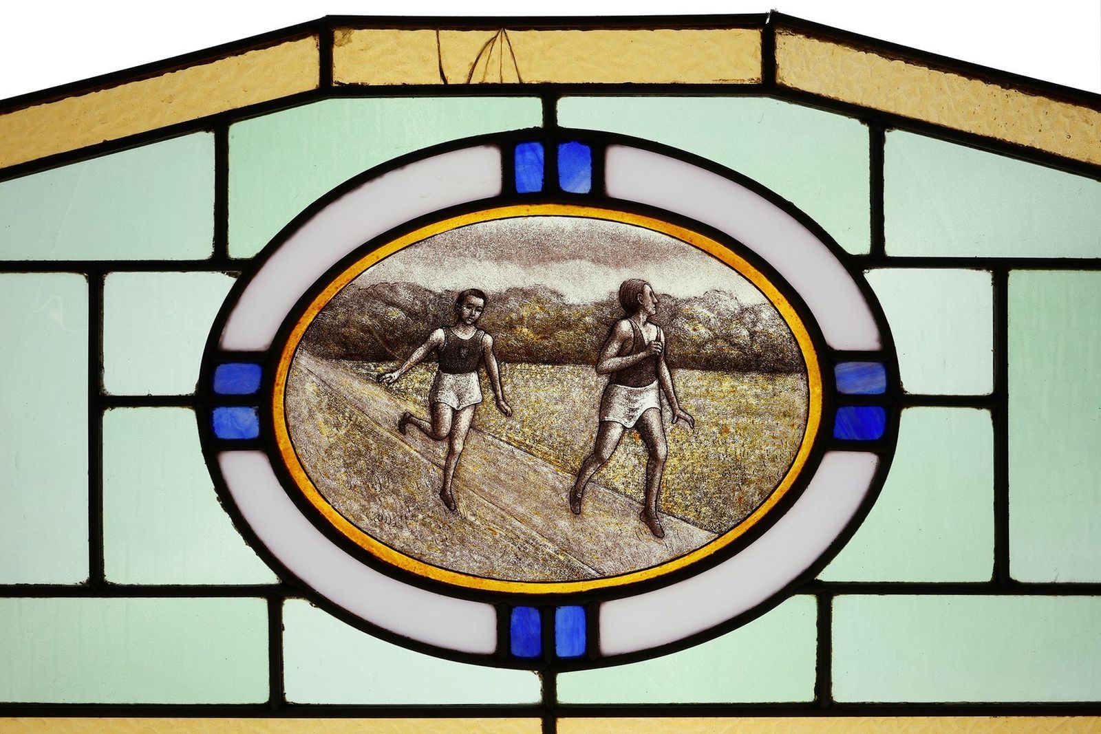 Art Deco Stained Glass Panel Depicting Runners In Motion, Belgium, 1910s photo furniture