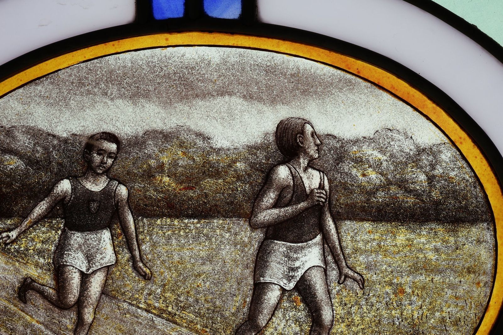 Art Deco Stained Glass Panel Depicting Runners In Motion, Belgium, 1910s photo for sale