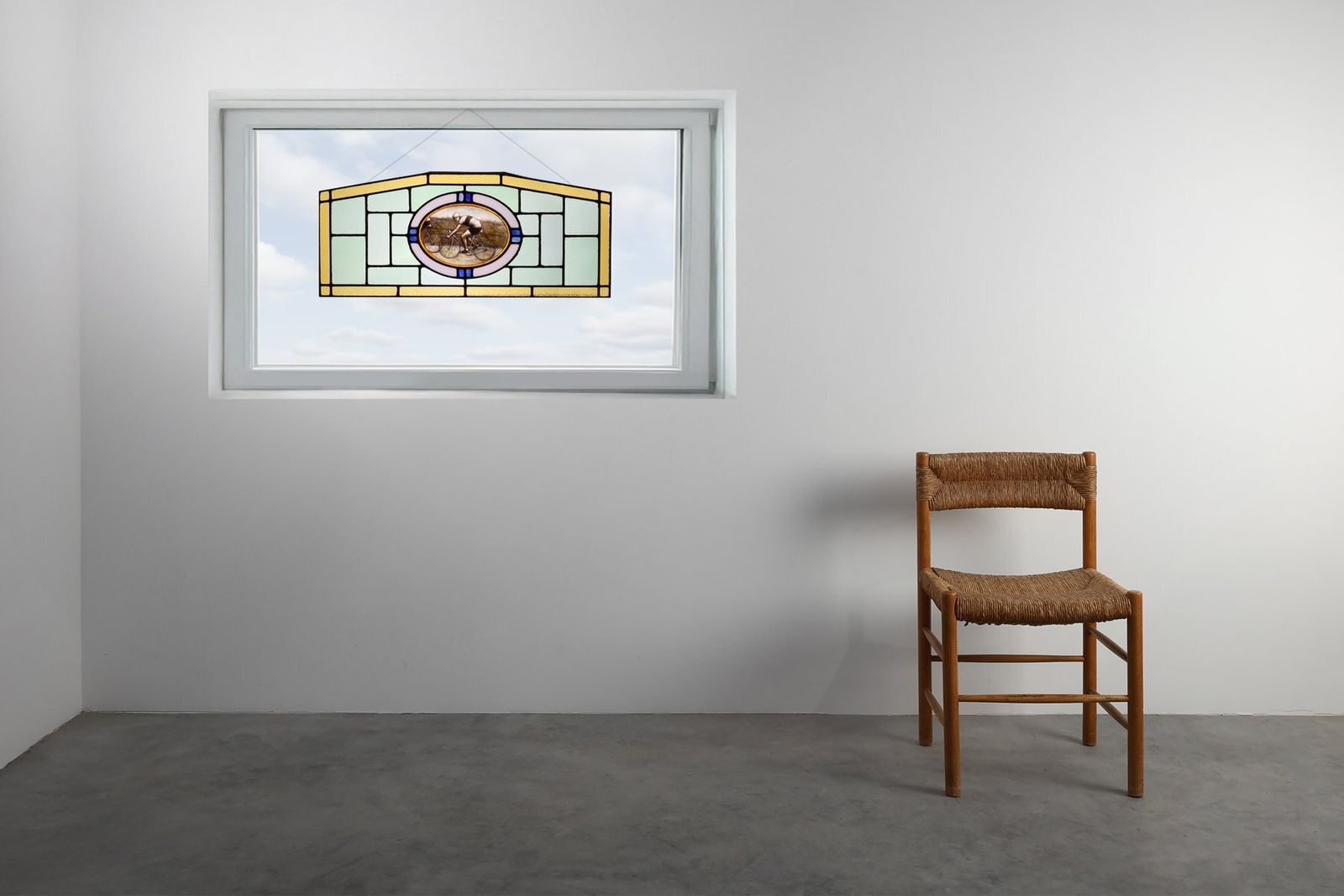 photo for sale Art Deco Stained Glass Panel Depicting Cyclists In Motion, Belgium, 1910s