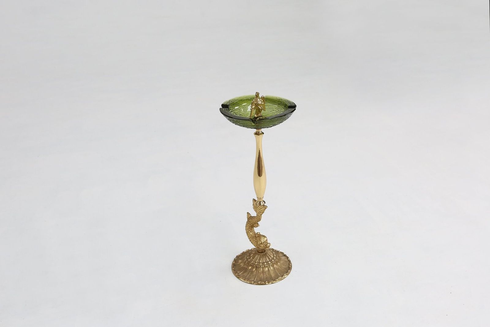 photo furniture Sculptural Green Glass And Metal Ashtray With Fish And Eagle Motifs, Belgium, 1970s