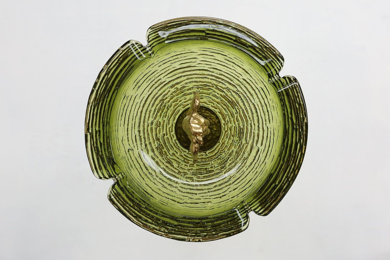 photo for sale Sculptural Green Glass And Metal Ashtray With Fish And Eagle Motifs, Belgium, 1970s