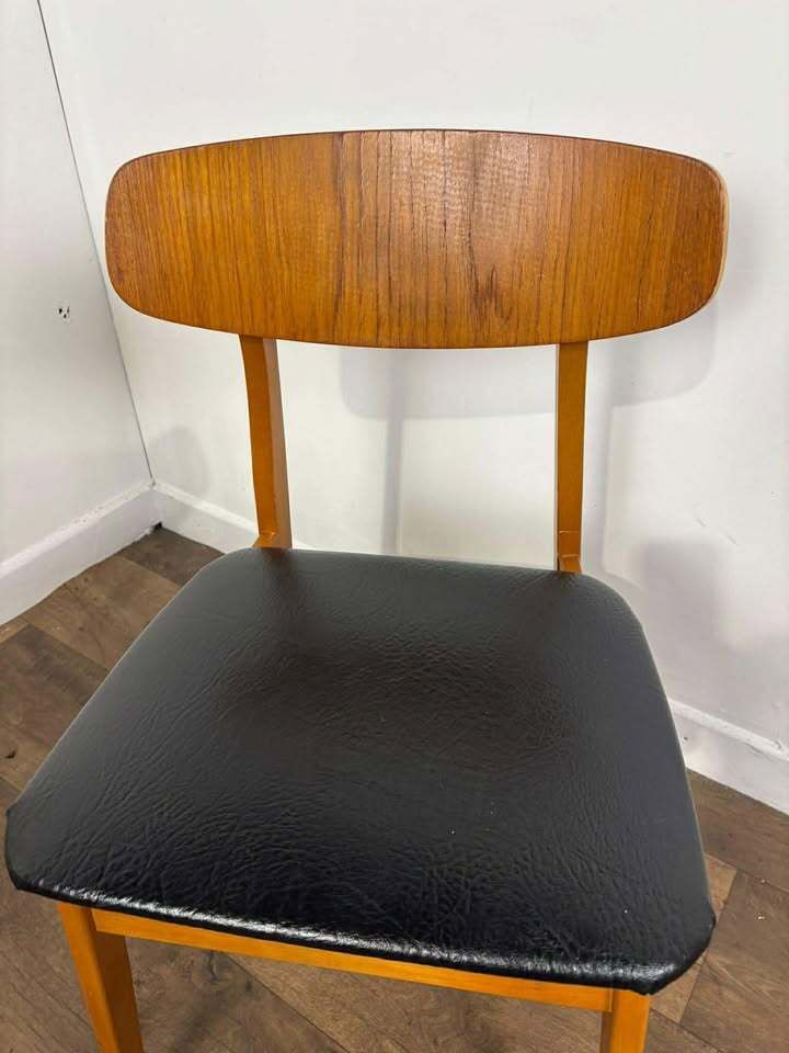 Pair Of Mid Century Teak Chairs With Black Upholstery photo for sale