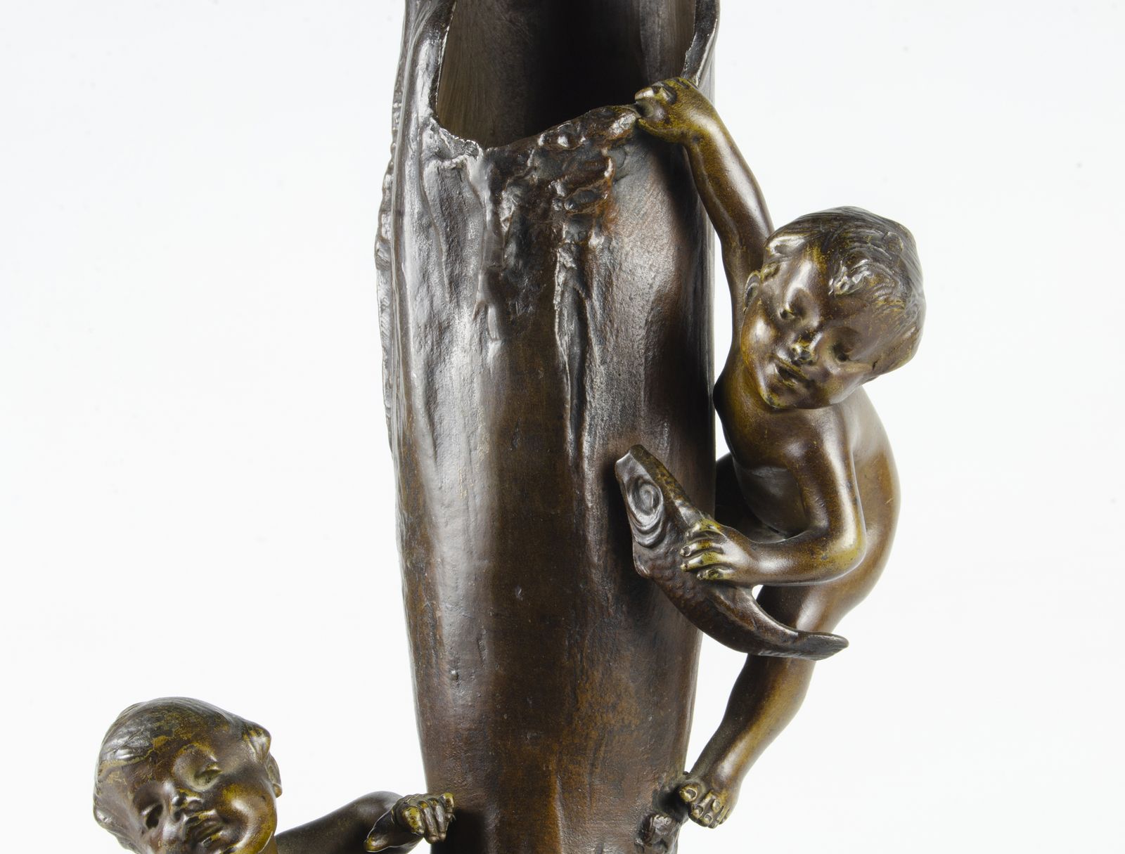 Pair Of Late 19th Century Art Nouveau Patinated Bronze Vases With Children Fishing By Austrian Author Ignar Mansch, France photo buy