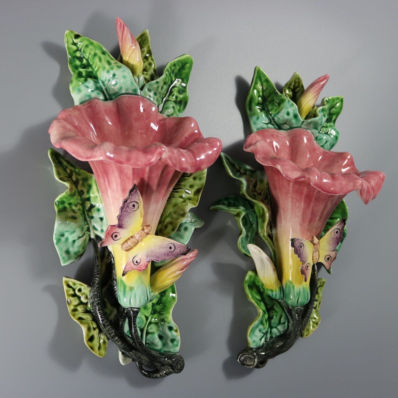 Pair Fives Lille Majolica Butterfly Wall Pockets photo Art